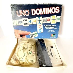 Vintage 1986 UNO Dominos Game Set, Racks, Instructions, Made in Taiwan